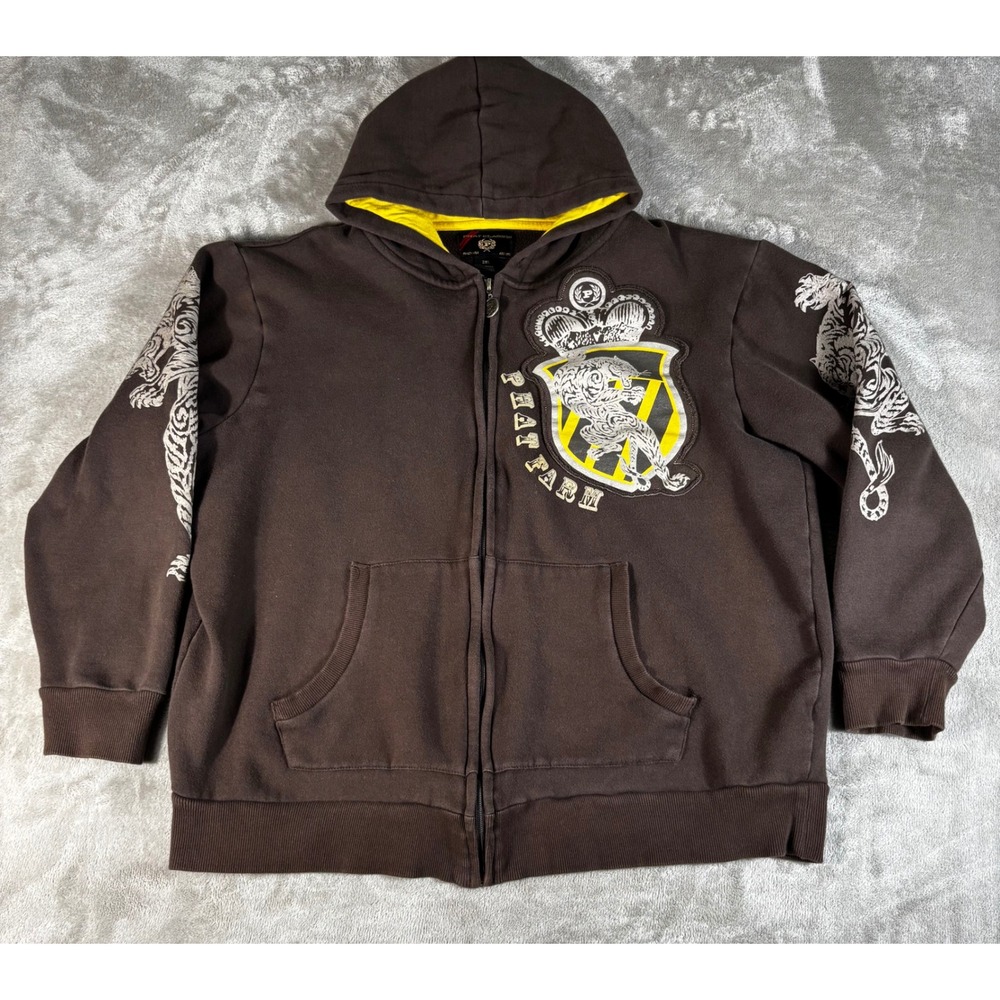 Phat Farm Classics Hoodie Men 2XL Brown Y2K Tiger Graphic Zip Up Sweatshirt